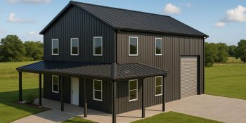 Two story barndominium with attached shop and wrap around porch