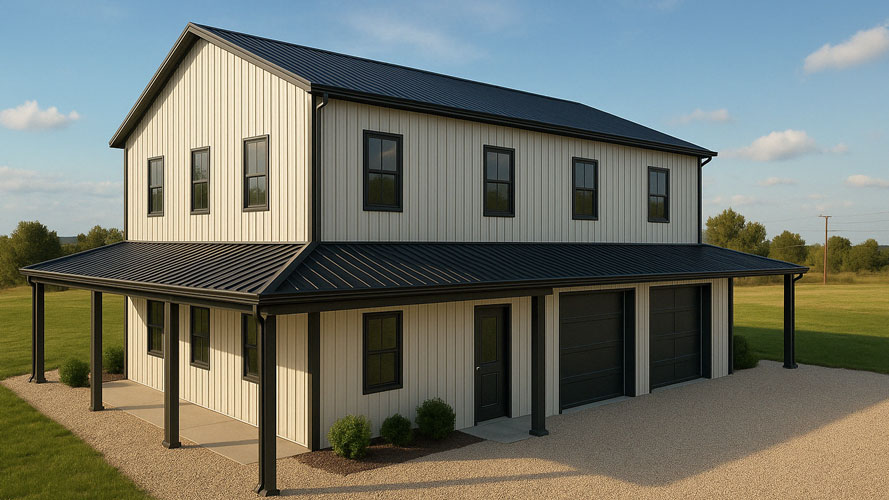 3 bedroom barndominium with garage in black and white