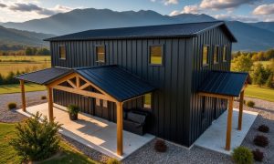 all black barndominium, 2 story with wrap around porch