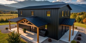 all black barndominium, 2 story with wrap around porch