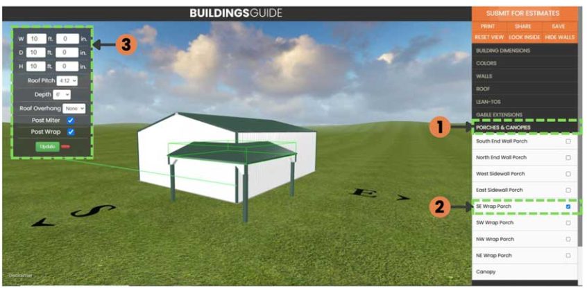 3D designer adding a wrap around porch to a metal building