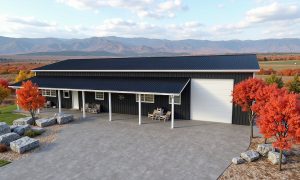 1 story barndominium wrap around porch front elevation