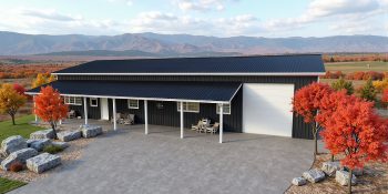 1 story barndominium wrap around porch front elevation