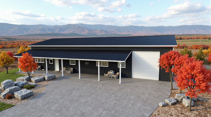1 story barndominium wrap around porch front elevation