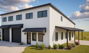 1 story barndominium with double garage and shed roof