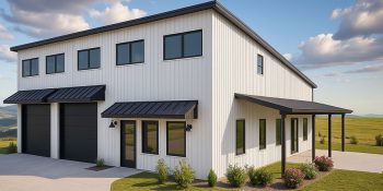 1 story barndominium with double garage and shed roof