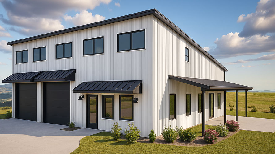 1 story barndominium with double garage and shed roof