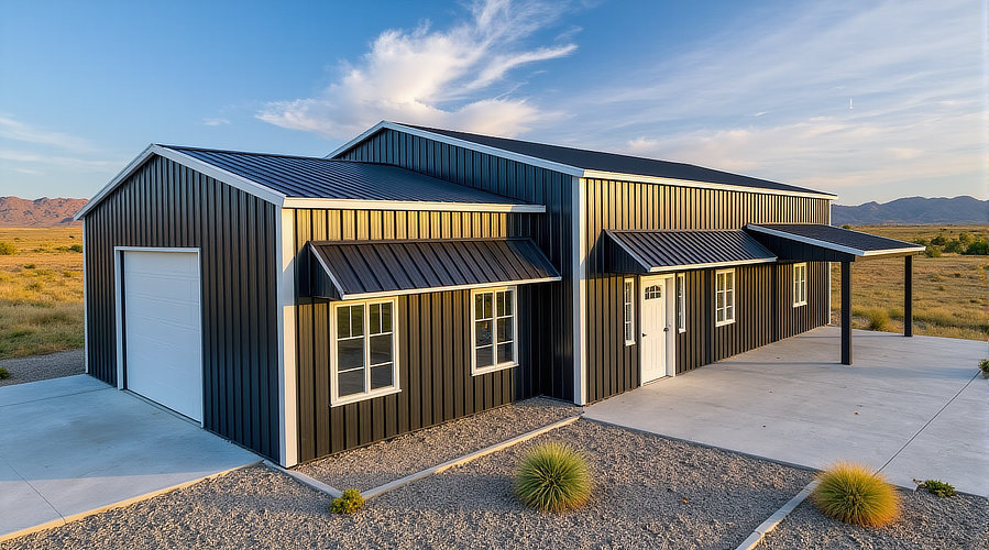 barndominium with porch and attached garage
