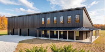 Modern single slope roof barndominium with attached three car garage and large porch