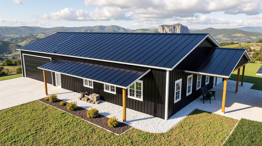 Single story 2,200 Sq Ft barndominium in black with white trim