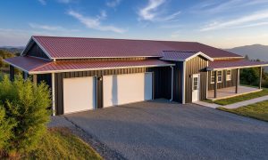 Rancher style 350 sq ft barndominium with 3 car garage