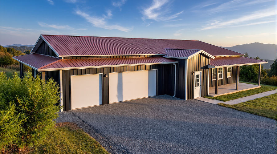 Rancher style 350 sq ft barndominium with 3 car garage