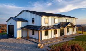 Modern two-story barndominium with balcony level
