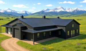 Large seven bedroom barndominium home in black and gray