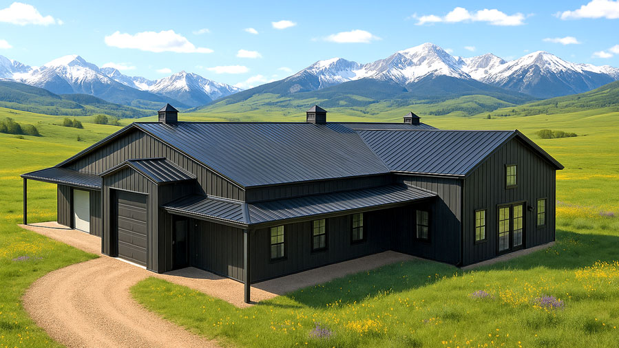 Large seven bedroom barndominium home in black and gray