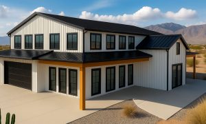 Large eight bedroom barndominium with double garage in white and black trim