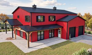 Large 2-story red and black barndominium home