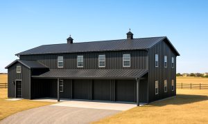 Large barndominium with attached three car garage in black and gray