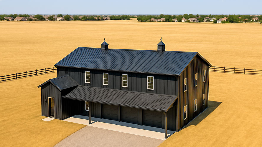 Modern black barndominium with 3-car-garage aerial photo
