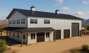 Modern barndominium with big shop in black and white