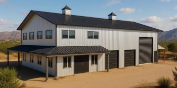 Modern barndominium with big shop in black and white