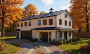 Small two story barndominium in black and white with double garage and covered porch