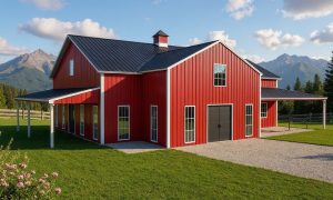 Large 2,000 sg ft barndominium with 4 bedrooms and covered porch