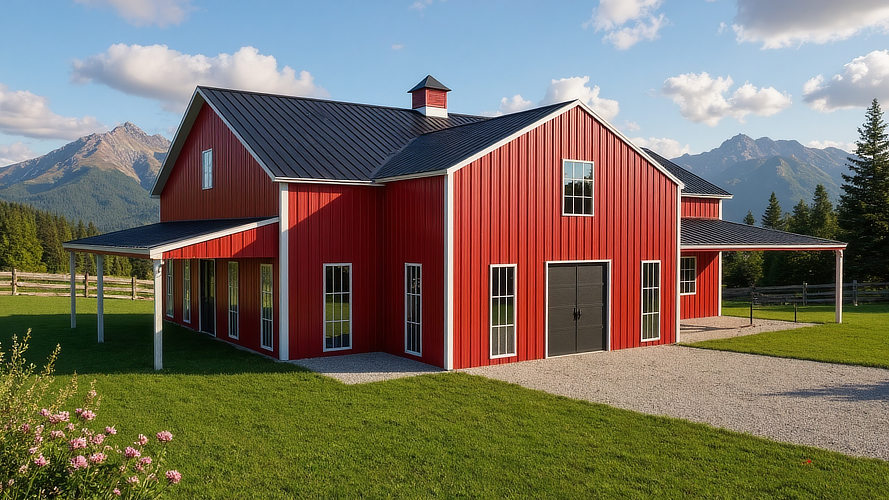 Large 2,000 sg ft barndominium with 4 bedrooms and covered porch