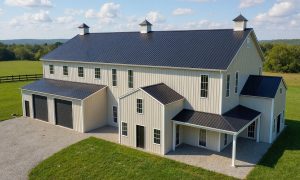 A large two story 6,000 sq ft barndominium in light stone and white