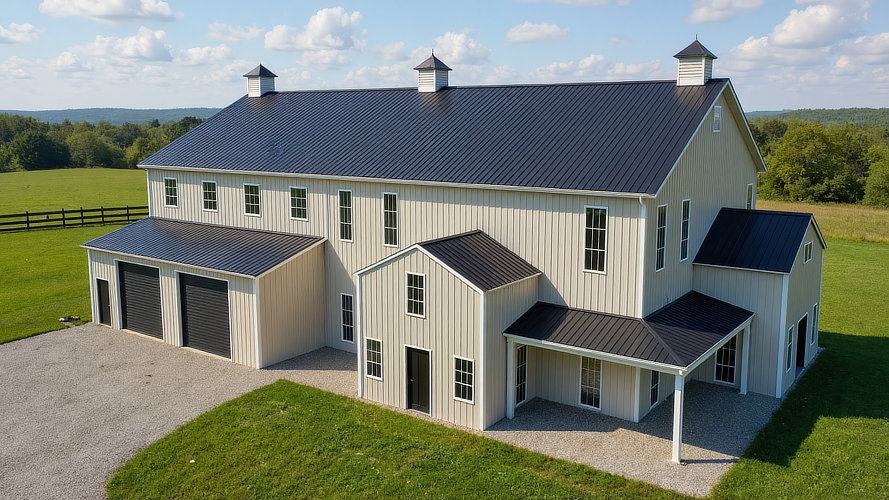 A large two story 6,000 sq ft barndominium in light stone and white