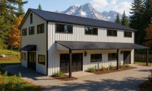Small barndominium home with loft in black and white with a covered entry porch