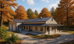 A small ranch style barndominium with wrap around porch and attached two car garage