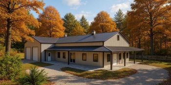 A small ranch style barndominium with wrap around porch and attached two car garage