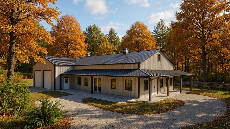 A small ranch style barndominium with wrap around porch and attached two car garage