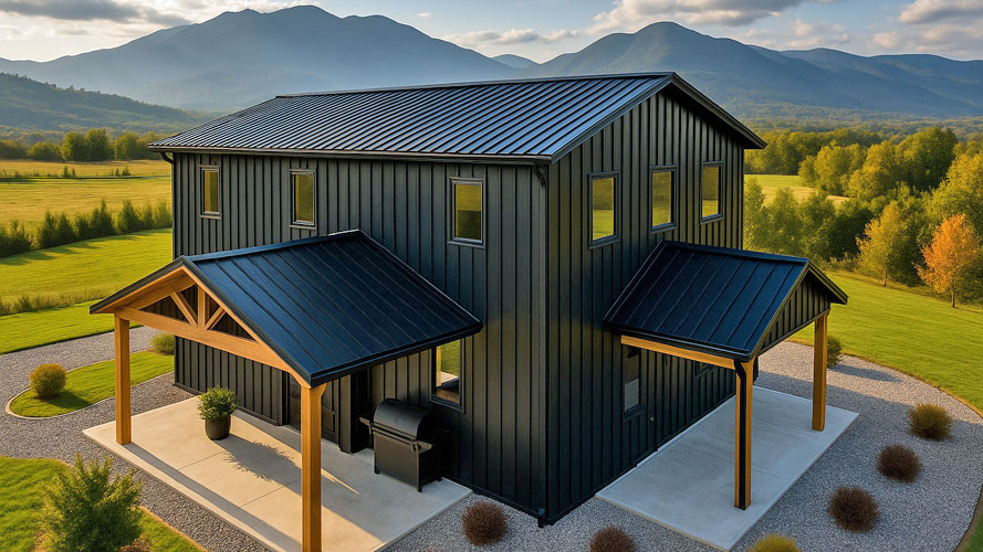 Aerial shot of a black barndominium home with covered porch
