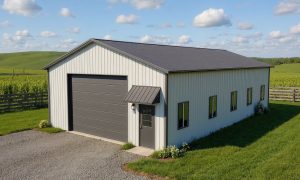 Large 30x50 metal garage building with one overhead door and several windows in gray and white