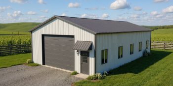 Large 30x50 metal garage building with one overhead door and several windows in gray and white