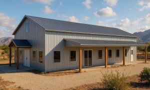 Three bedroom custom metal home with covered entry porch in black and gray