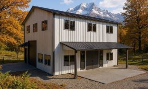 Small 30x30 metal home with three bedrooms and an attached garage
