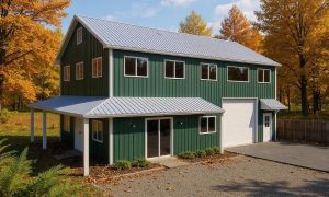 Small green metal house with two stories, attached garage and wrap around porch