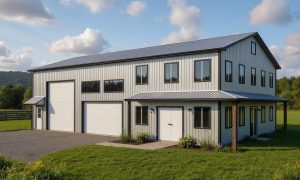 Metal shop with living quarters in black and white with wrap around porch