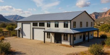 Large 50x60 shop house with 2400 sq ft workshop space and four bedroom home in gray and black