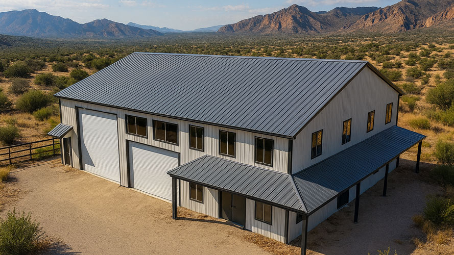 Aerial shot of a large 50x60 shop house with 2400 sq ft workshop space and four bedroom home in gray and black