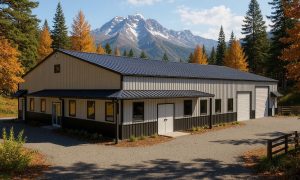 Large 60x80 shop house with two bays and wrap around porch in gray and black