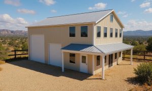 A modern 30x40 shop house with two workshop bays and an attached one bedroom apartment in desert sand and white