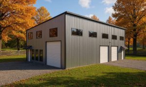 A modern shed roof shop house with two story apartment and attached 2400 sq ft workshop space in gra and black
