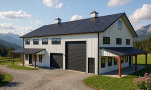 large two story barn style shop house with two shop bays in black and white