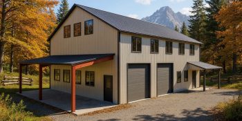 Two story shop house with loft and 2,400 square foot workshop space in two tone gray