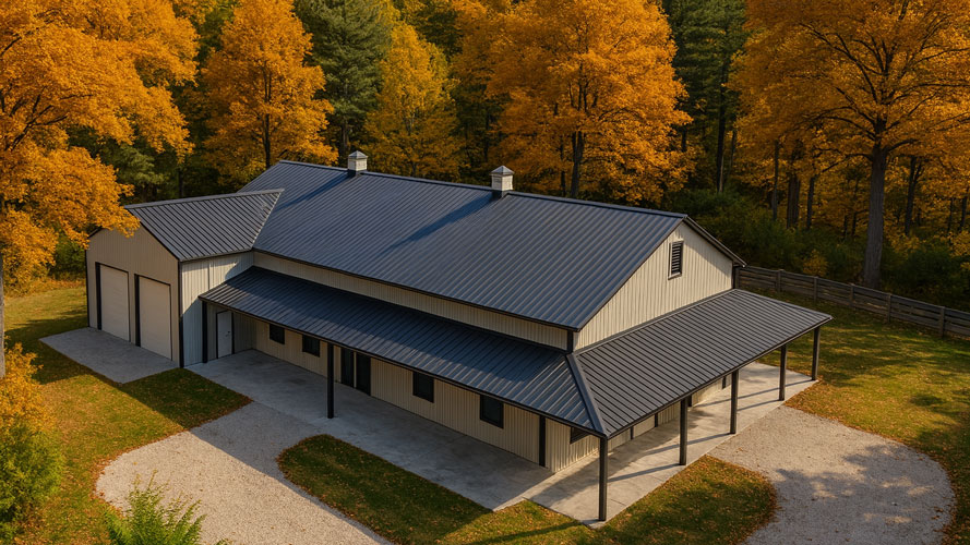 A small ranch style barndominium with wrap around porch and attached two car garage