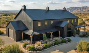 Aerial view of a large two story 7,000 sq ft barndominium in charcoal gray and black